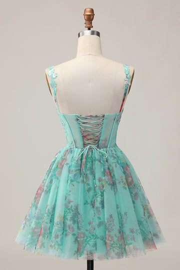 Floral A-Line Corset Green Homecoming Dress with Appliques